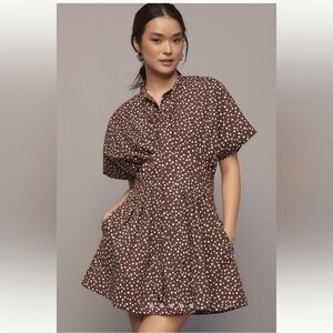 Anthropologie The Tobie tie neck shirt dress Brown Polka Dot Mini Dress